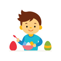 Cartoon Of A Child Painting Eggs With Bright Colors