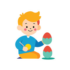 Cartoon Of A Child Painting Eggs With Bright Colors