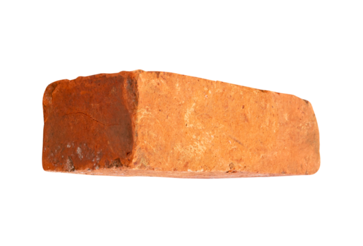 Side view of one cracked old red or orange brick isolated with clipping path in png file format
