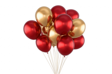 Red and gold balloons bunch isolated on transparent background