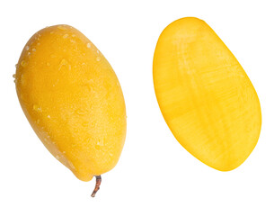 Top view set of single ripe yellow mango fruit with half and water droplets isolated on white background with clipping path