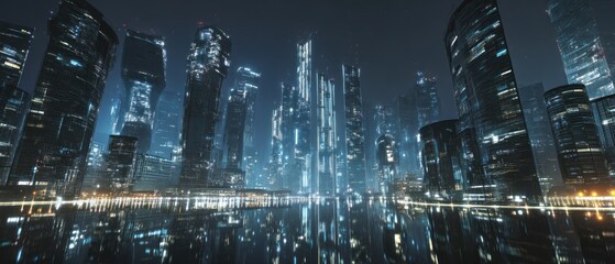 Naklejka premium Futuristic Metropolis Nightscape: A Cyberpunk Cityscape