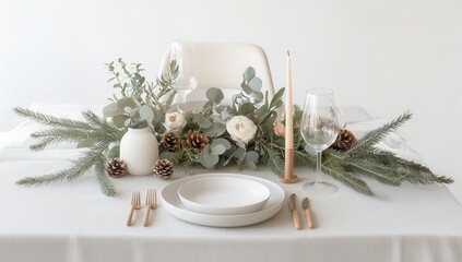Elegant christmas table setting with white plate, flowers, ornaments, and cup of creating on pastel blue background, milk a festive atmosphere