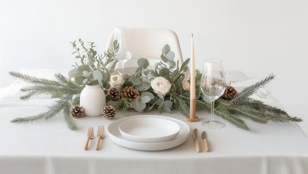 Elegant christmas table setting with white plate, flowers, ornaments, and cup of creating on pastel blue background, milk a festive atmosphere