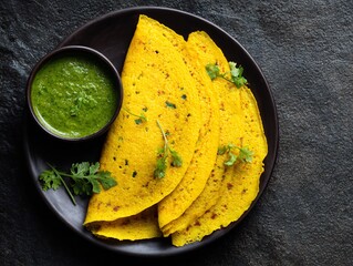 Top view of hot moong dal chilla served green chutney healthy Indian snack vibrant yellow color rustic style
