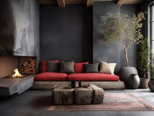 Modern  interior in minimalist style with red sofa and black walls, wooden home decor. Generative AI illustration.