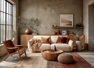 Modern  interior in minimalist style with white sofa and wooden armchair, simple home decor. Generative AI illustration.
