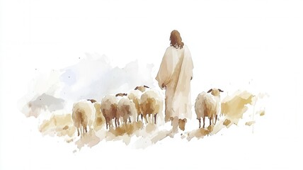 Compassionate shepherd jesus guiding pure metaphor sheep across sunlit golden meadow, representing divine care white pastoral spiritual and