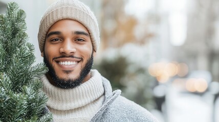 Smiling male lifting snow covered street tree while walking urban winter christmas