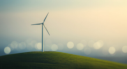 Obraz premium Sustainable Energy: Wind Turbine on a Hilltop at Sunrise/Sunset