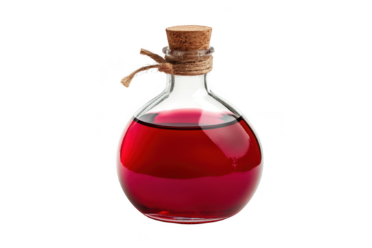 Round glass bottle with cork and red liquid isolated on a transparent background
