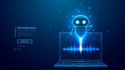 AI Voice Bot with Sound Wave on Laptop Screen. Digital Assistant Concept. Glowing Chatbot and Voice Wave Via Laptop. Virtual Assistant, artificial intelligence, smart technology. Vector Illustration