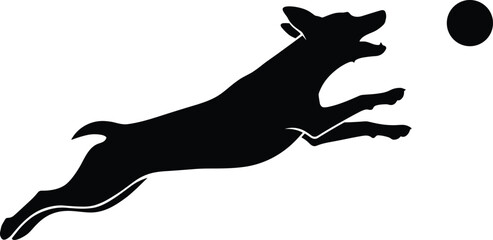 Cad drawing flat vector illustration, silhouette of leaping dog chasing ball, dynamic motion, playful pet action, active canine icon