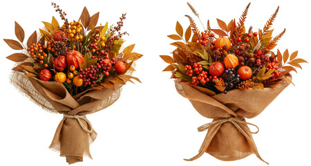 Elegant autumn floral bouquets wrapped in brown paper on transparent background  