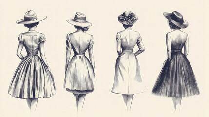 Vintage fashion drawings with retro outfits, historical accessories, and stylish silhouettes drawn in nostalgic sketch styles for design inspiration or costume illustration.