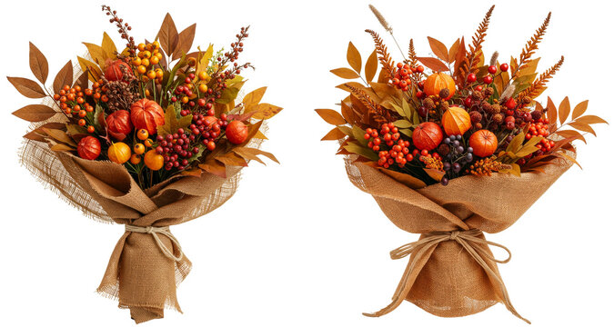 Elegant autumn floral bouquets wrapped in brown paper on transparent background  