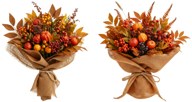 Elegant autumn floral bouquets wrapped in brown paper on transparent background  