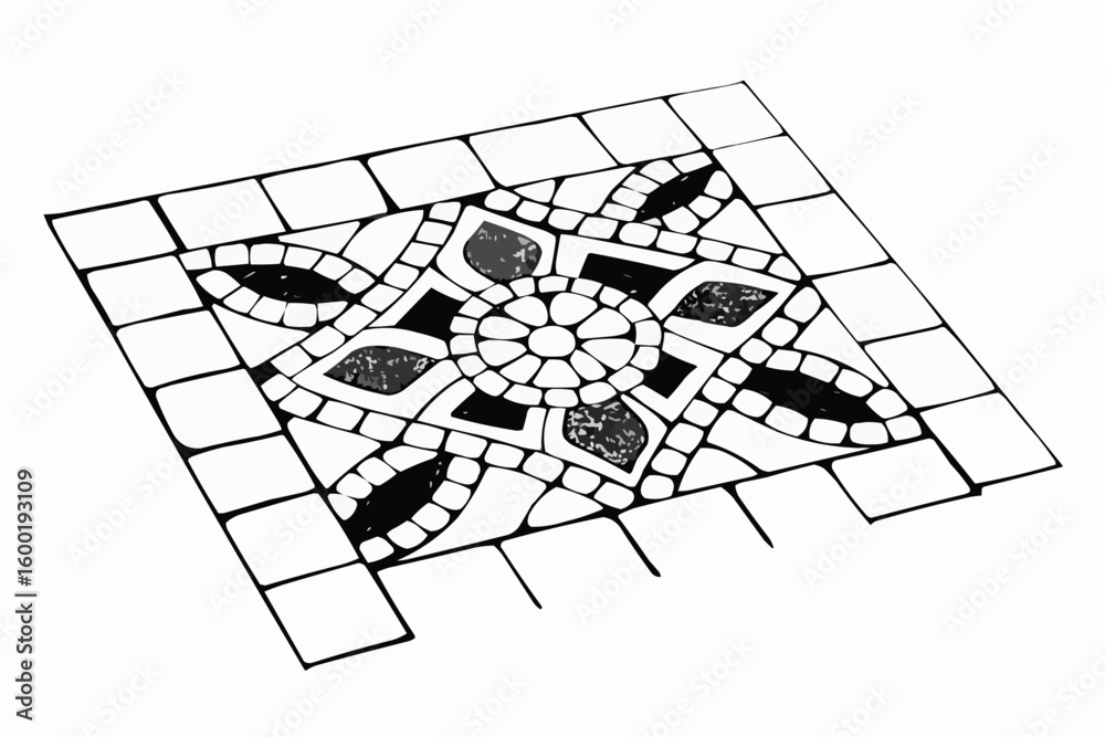 Poster A black and white illustration of a mosaic tile pattern with a border of square tiles around it