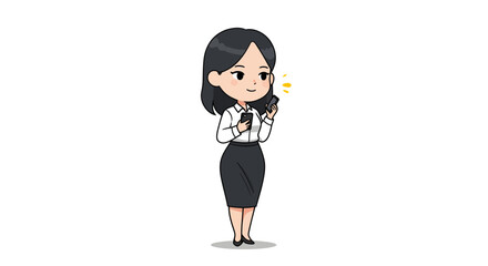 A smiling cartoon businesswoman in a white shirt and black skirt stands while using her smartphone.
