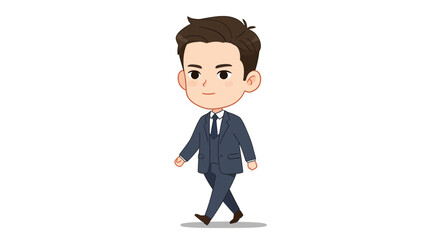 A stylized cartoon illustration of a young man in a dark suit and tie, walking confidently with his left leg forward.