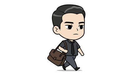 A serious-looking cartoon businessman walks with determination, carrying a brown briefcase.