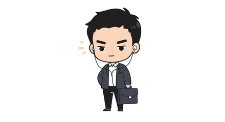 Cartoon businessman with a serious expression, wearing earbuds, holding a briefcase, and looking stern.