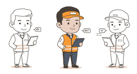 Cartoon workers in safety vests, one colored, others outlined, holding tablets, with speech bubbles.