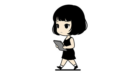 A minimalist black and white illustration of a chibi girl with a bob haircut walking while using a tablet.