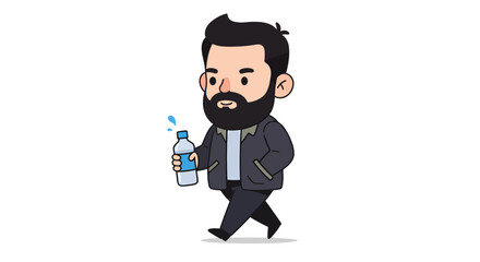 A cartoon man with a beard walks, holding a plastic water bottle with splashing water.