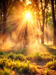 Obraz premium Warm sunlight rays filtering through dust particles in a serene landscape