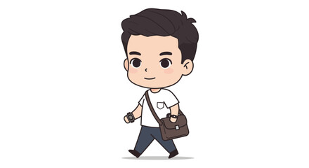 A cheerful, stylized cartoon of a young man with dark hair, wearing a white t-shirt and jeans, walking with a brown messenger bag slung over his shoulder.