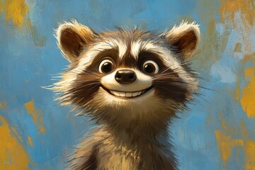 Fototapeta premium A raccoon with a big smile on its face. The raccoon is looking at the camera and he is happy