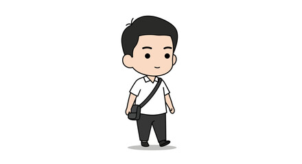 A cartoon illustration of a young man walking with a messenger bag, smiling confidently.