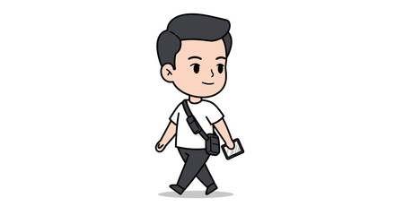 Cartoon illustration of a young man walking with a messenger bag and holding a mobile phone.