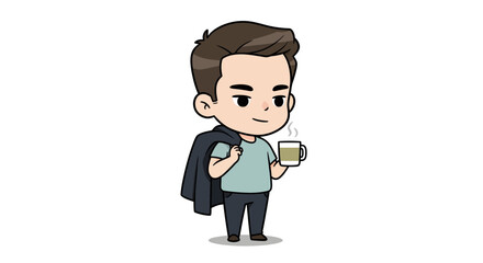 A stylized cartoon depicts a young man holding a coffee cup and carrying a jacket over his shoulder, appearing relaxed and content.