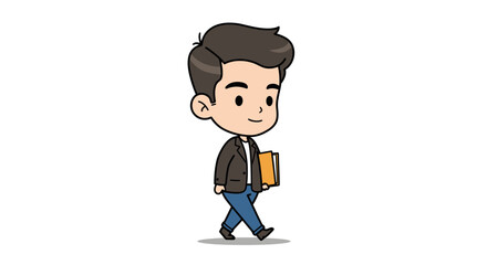 A stylized cartoon illustration of a young man in casual attire walking confidently while holding a book.