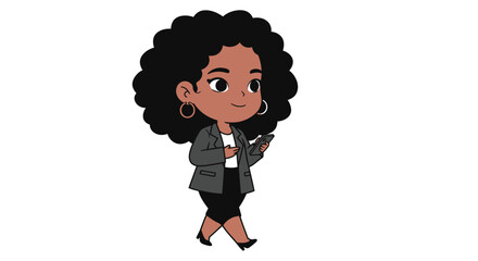 Charming cartoon depiction of a Black woman with curly hair, dressed in business attire, walking and interacting with her mobile device.