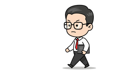 Annoyed cartoon businessman walks, carrying a clipboard.