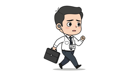 A stressed businessman in a white shirt and tie, wearing an earbud and carrying a briefcase, walks with a worried expression, possibly late for a meeting.