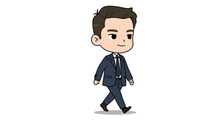 Animated illustration of a cartoon businessman in a suit walking forward with a confident expression.
