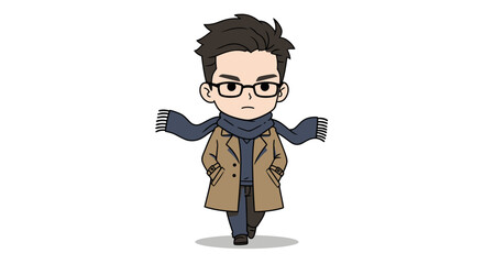A stylish anime chibi boy with glasses walks forward, wearing a brown trench coat and a blue scarf blowing in the wind.