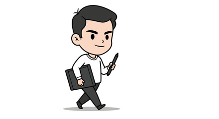A cartoon illustration of a young man walking while holding a drawing tablet and stylus.