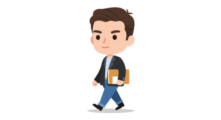 A cute cartoon illustration of a young man in a jacket walking and carrying a folder.