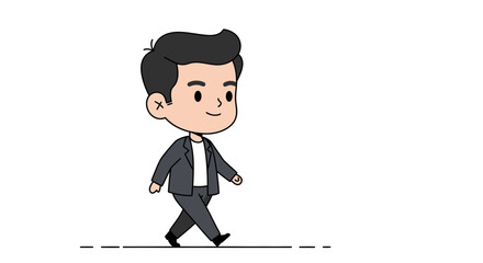 A cute cartoon illustration of a young man in a dark suit walking with a gentle smile.