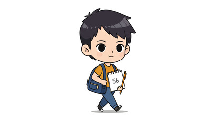 A young boy with dark hair, wearing an orange shirt and blue backpack, walks confidently while holding a notepad and pencil.