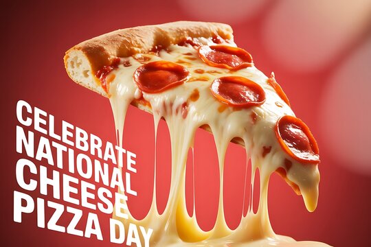Delicious slice of pepperoni pizza with extra melted cheese dripping down, celebrating National Cheese Pizza Day with festive text overlay on a vibrant red background.