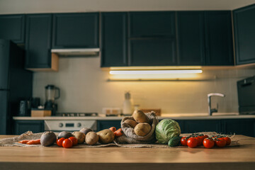 Rustic kitchen scene with fresh vegetables on a wooden table: potatoes in a burlap sack, cabbage, tomatoes on the vine, cucumber, carrots, and beets. Warm, natural lighting
