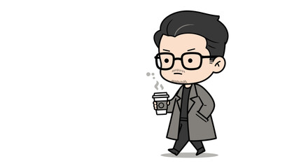 A stylized cartoon man with glasses walks confidently while holding a steaming cup of coffee.