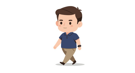 Cartoon illustration of a man walking, wearing a blue shirt, khaki pants, and a watch.