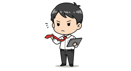Cartoon businessman with an annoyed expression loosens his tie while holding a tablet.